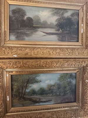 two framed paintings of boats on a river with trees in the background