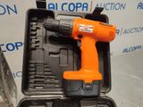an orange corded drill in a black case with a screwdriver in it