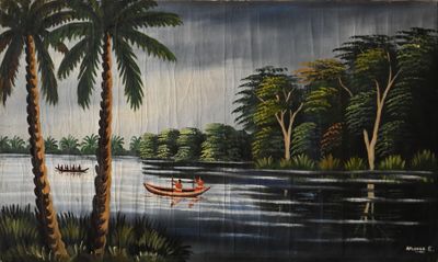 un tableau représentant deux personnes dans un bateau sur l'eau