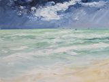 an oil painting of a beach scene with dark clouds above the ocean