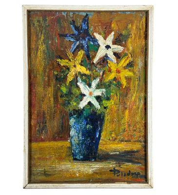 une peinture à l'huile représentant un vase avec des fleurs sur une table