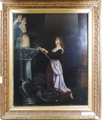 an oil painting of a woman with a dog in a room