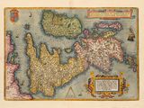 une vieille carte de l'Écosse et de l'Irlande avec l'image d'un bateau en arrière-plan