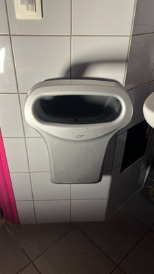 un urinoir dans le coin d'une salle de bains avec un rideau rose