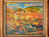 an oil painting of boats in a harbor with a mountain in the background