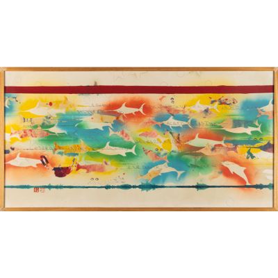 une image représentant un tableau où l'on voit un groupe de poissons nager dans l'océan
