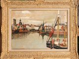 a painting of a harbor scene with boats in the water