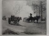 a black and white photo of a horse drawn carriage