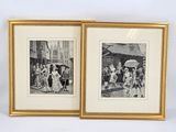 two black and white pictures of a couple of people with umbrellas