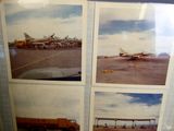four pictures of airplanes on display in a glass case