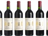 six bottles of red wine lined up in a row on a white surface