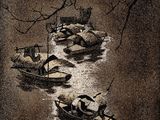 three boats floating in the water under a full moon