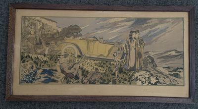 painting of a man and a woman standing in front of a car
