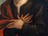 a painting of a woman in a red cloak and black dress