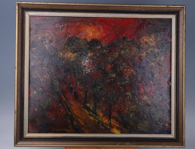 une peinture à l'huile représentant un paysage avec un ciel rouge en arrière-plan