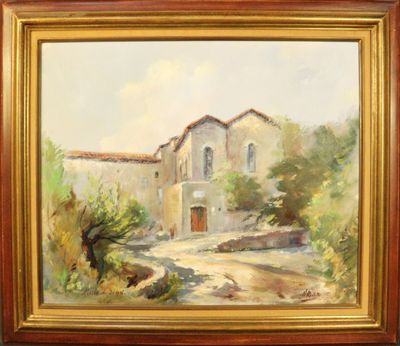 an oil painting of a house in a country setting