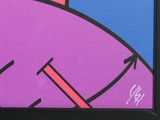 purple and blue painting of a clock with arrows pointing to the right