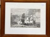 an old picture of a ship in the ocean with a sky background