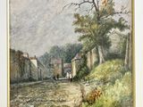 tableau représentant une scène de village avec, au premier plan, une calèche tirée par un cheval et un homme à cheval