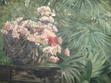 une peinture représentant un panier de fleurs posé sur un poteau en bois