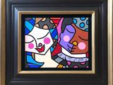 painting of a couple of cats and a dog in a black frame