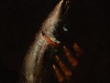 a painting of a hand holding a fish in a dark room