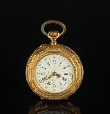 a gold pocket watch with roman numerals on the face