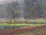 painting of a field with trees in the distance and a dirt road in the foreground