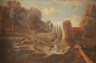 peinture représentant un paysage avec une rivière et un pont au premier plan