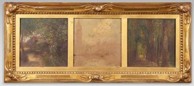 un tableau représentant trois tableaux accrochés à un mur dans un cadre doré