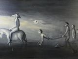 a painting of a man riding a horse with a woman on it