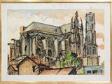une image représentant un tableau d'une cathédrale avec une tour horloge