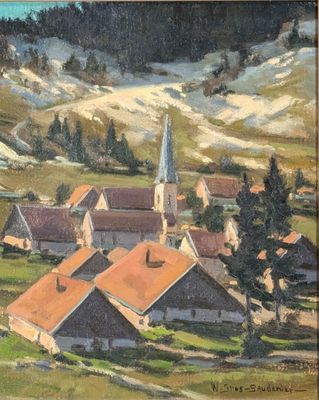 an oil painting of a village with a steeple in the background