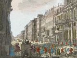 a drawing of a street scene with people walking on the sidewalk