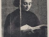 a black and white drawing of a woman reading a book