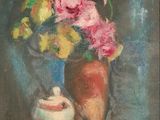 tableau représentant des fleurs dans un vase et des pêches sur une table