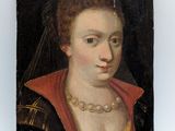un vieux tableau représentant une femme portant une cape rouge et un collier en or