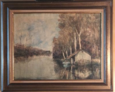 une image représentant un tableau où l'on voit un bateau sur un lac