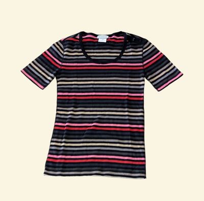 a women ' s striped t - shirt on a white background