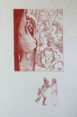 une image représentant un dessin d'un homme tenant un couteau devant un groupe de personnes