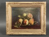 an oil painting of peachs and apples on a plate on a table