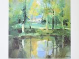 an image of a painting of a river with trees in the background
