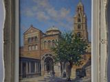 an oil painting of a church with a tree in front of it