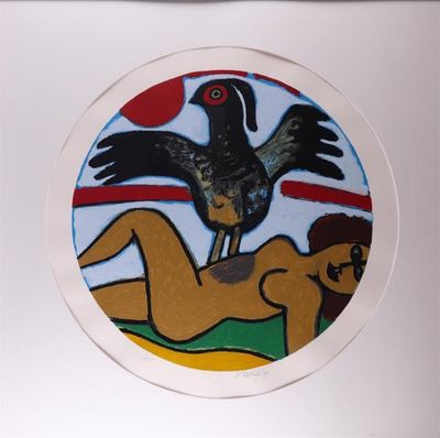 a picture of a picture of a woman and a bird in a circle