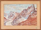 an oil painting of a mountain range with a river running through it