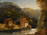 un tableau représentant une maison au bord d'une rivière, avec une montagne en arrière-plan