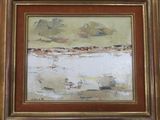 une image d'une peinture représentant une scène de plage avec un bateau dans l'eau