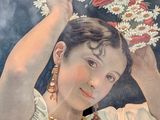 a painting of a woman holding a bunch of flowers