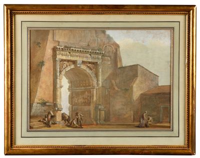 an image of a painting of a building with a man on a horse in front of it