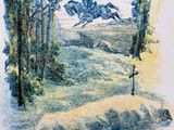 drawing of a landscape with a mountain in the distance